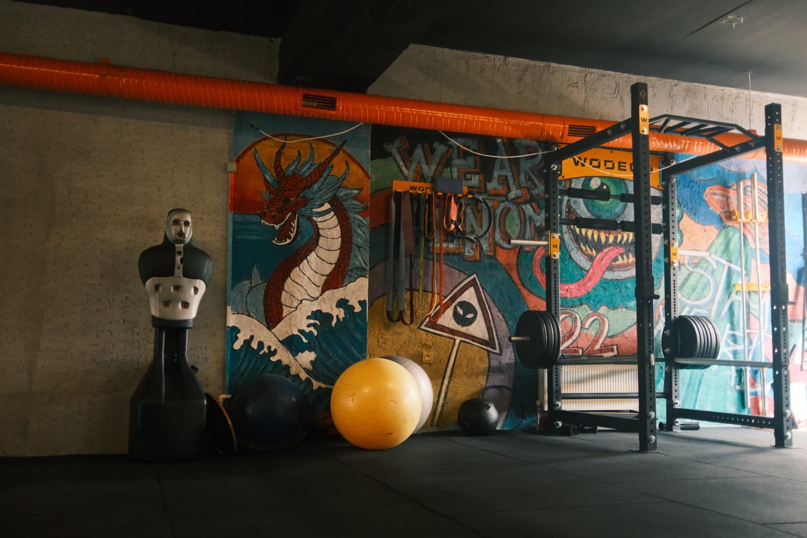 Kırmızı-mavi ejderha muralı ve 'WE ARE VENOM' yazısı önünde boks antrenman mankeni ve yüklü squat rack